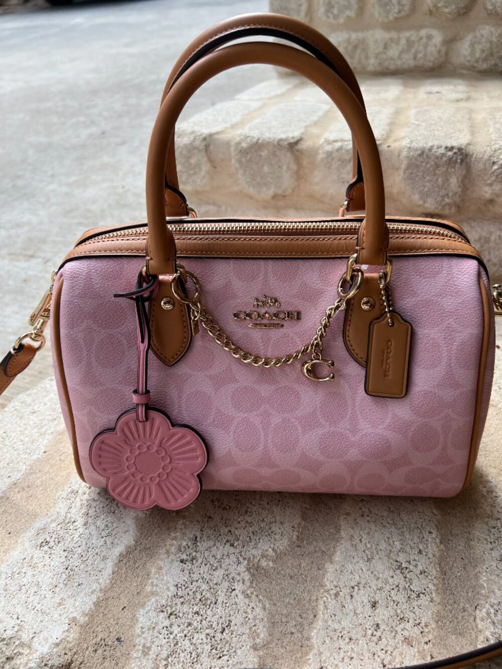 Coach Powder Pink Rowan Satchel Bag Medium In Signature Canvas With Charms NWT - Picture 2 of 4